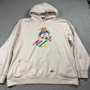 Polo Ralph Lauren Hoodie Mens XXL Beige Bear Paint Splatter Fleece Pullover